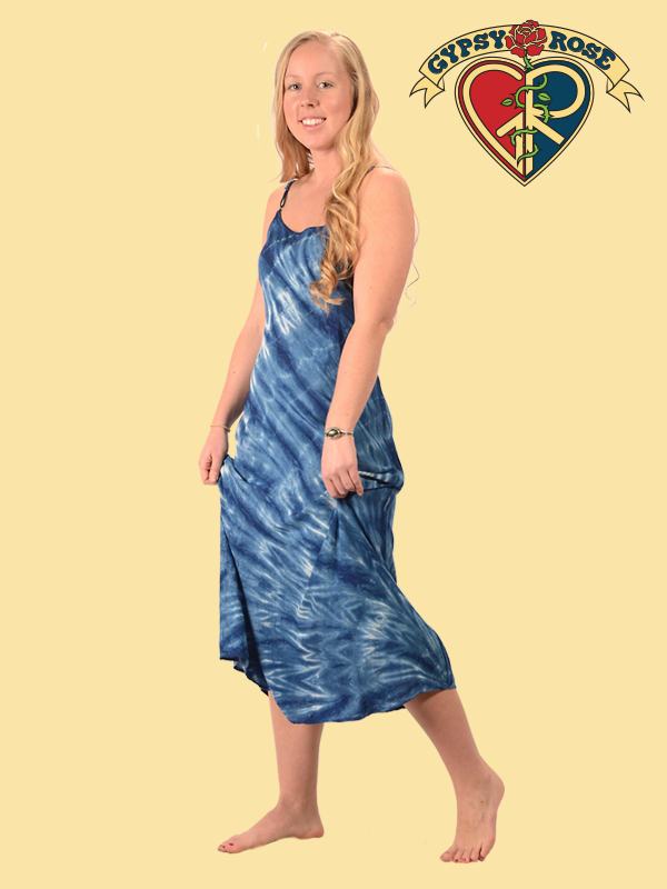 Natural Indigo Tye Dye Rayon Tie Back Long String Dress Gypsy Rose