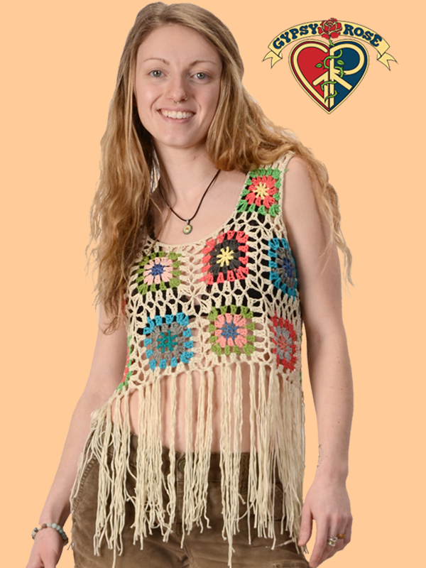 Free Fallin' Crochet Long Fringe Halter Top Gypsy Rose