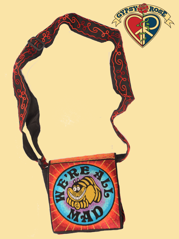 We're All Mad Cheshire Cat Hand Embroidered Messenger Bag Gypsy Rose