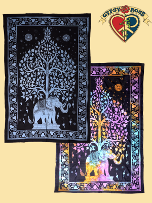 Twin Size Trunk Up Elephant With Tree Tapestry - Bedspread