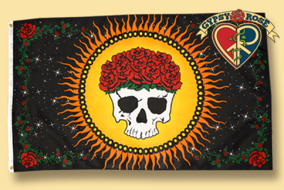 GRACIOUSLY DEPARTED SKULL WITH SUN & ROSES FLAG