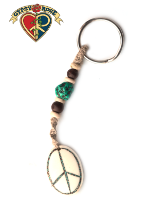 Oval Peace Gemstone Inlay Hand Carved Bone Pendant On Hemp Keychain