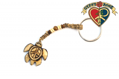 Peace Sea Turtle Bone Bead Hemp Keychain