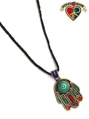 Hamsa Hand Gemstone Inlay And Metal Pendant On Braided Cord Necklace