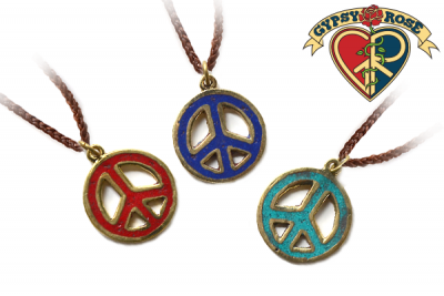 ASST COLOR GEMSTONE INLAY PEACE PENDANT ON LEATHER NECKLACE