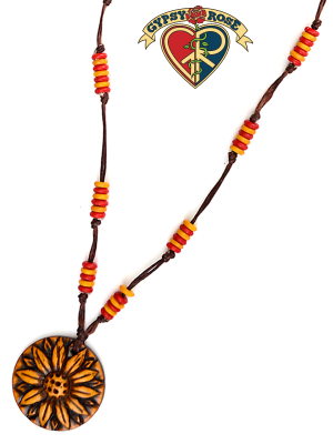 Sunflower Hand Carved Bone Pendant Necklace