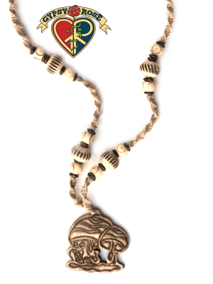 Double Your Pleasure Mushrooms Hand Carved Bone Pendant On Hemp Necklace