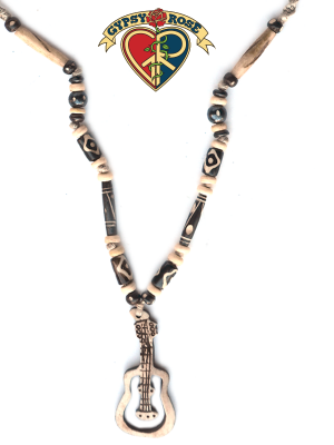 Music Is Life Guitar Hand Carved Bone Pendant On Hemp Necklace