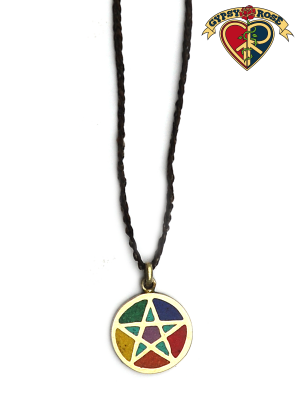 Seven Chakra Pentagram Stone Powder Inlay And Metal Pendant On Braided Cord Necklace