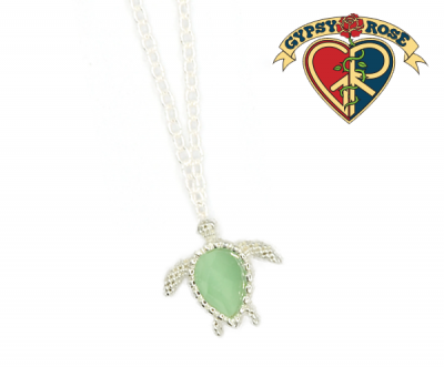 Silver And Green Cat Eye Turtle Necklace