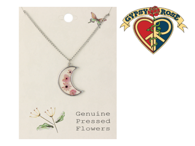Silver Tone Moon with Dried Flowers Necklace