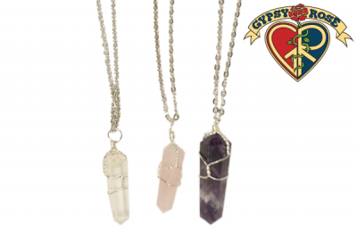 Wrapped Stone Pendant Silvertone Chain Necklace