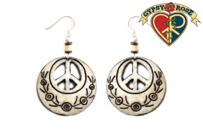 PEACE SYMBOL CUTOUT CARVED BONE EARRINGS