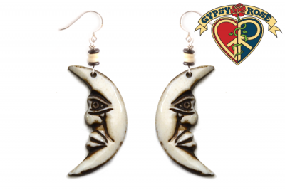 CRESCENT MOON FACE CARVED BONE EARRING