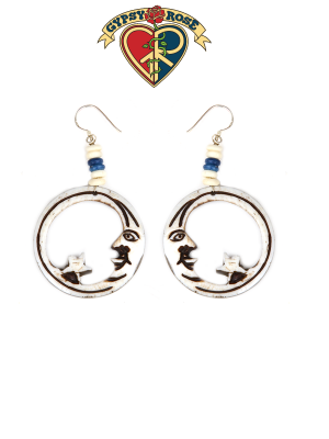 Starry Night Moon Hand Carved Bone Earrings