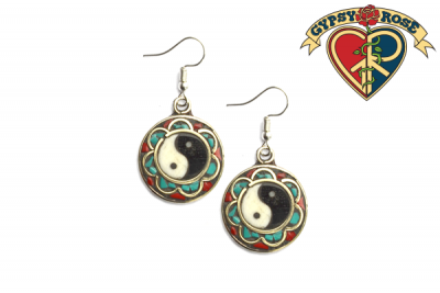 Yin Yang Flower Gemstone Inlay And Metal Earrings