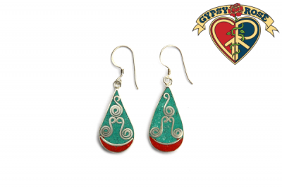Teardrop Crushed Gemstone Inlay And Metal Earrings