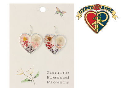 Silver Tone Heart with Dried Flower Earring