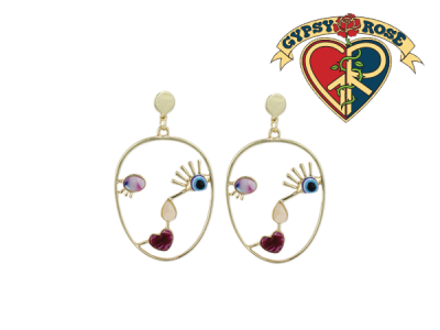 Gold Tone Acrylic Face Art Earring