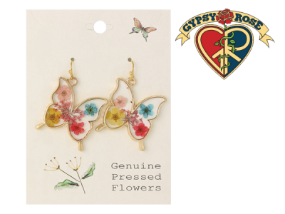 Gold Tone Butterfly with Dried Flowers Earring