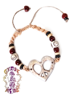 PEACE HEART WOOD & BONE BEADED HEMP BRACELET