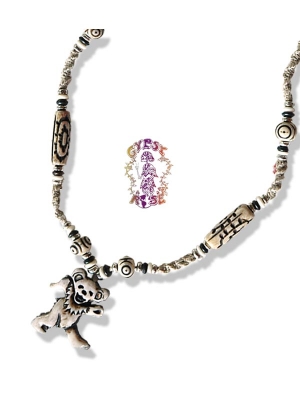GRATEFUL DEAD DANCING BEAR BONE HEMP & METAL BEADED NECKLACE