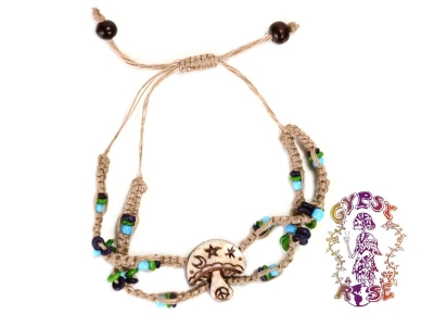 HEMP DOUBLE STRAND BEAD BONE MAGIC MUSHROOM BRACELET