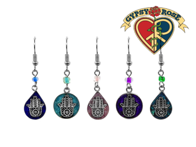 Geometric Shaped Stone Chip Inlay With Metal Hamsa  Earrins