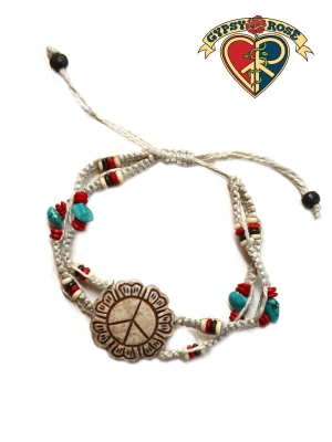 Flower Child Hand Carved Bone Peace Flower Pendant On Adjustable Hemp Bracelet