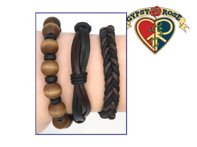 3 Pc Set Of Leather And Bead Bracelet