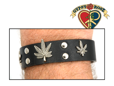 Black Leather With Pop Button And Silver Pot Leaf Bracelet