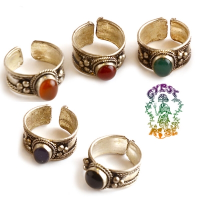 ANCIENT WISDOM ANTIQUE SILVER & GEMSTONE ADJUSTABLE RING
