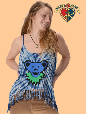 Grateful Dead Bear Face Tye Dye Viscose Fringe String Top