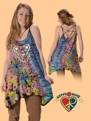 Grateful Dead Bear Face Tye Dye Spandex Blend Cross Back Strap String Top