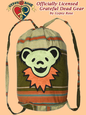 Grateful Dead Bear Face Hand Embroidered Striped Shyama Drawstring Backpack
