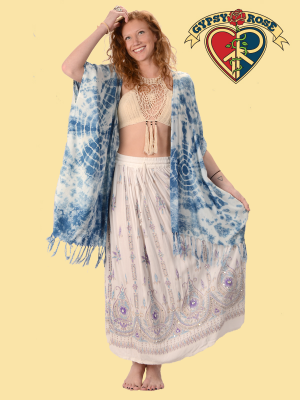 Natural Indigo Tye Dye Rayon Fringe Kimono
