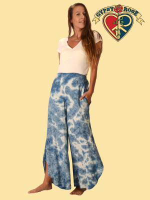 Natural Indigo Tye Dye Rayon Curved Flare Leg Pants