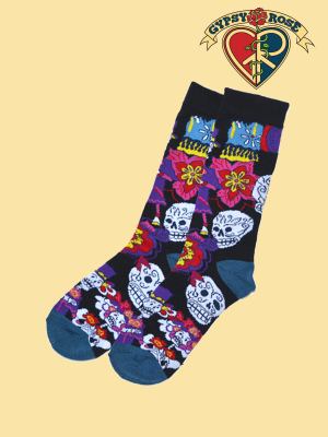 Day Of The Dead Skull & Flowers Tall Socks