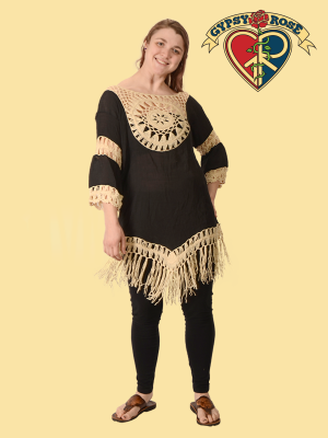 3/4 Sleeve Cotton Poly Blend Crochet Mandala Fringe Blouse