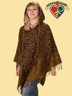 Haight Street Brushed Acrylic Fringed Paisley Print Reversible Hooded Cape