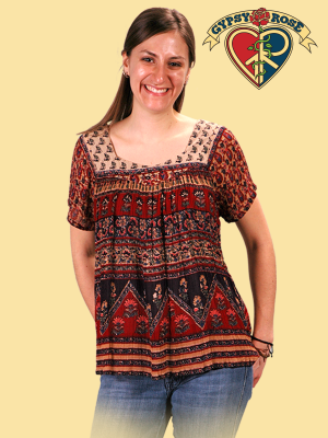 Free Spirit Rayon Crepe Indian Print Short Sleeve Blouse