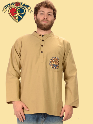 Magickal Mushrooms Lotus Mandala Hand Embroidered Pocket Cotton Henley Shirt