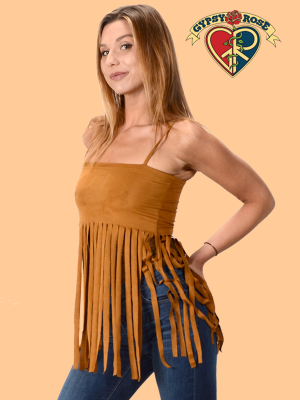 Vegan Hippie Chic Stretchy Pseudo Suede Fringe Midriff String Top