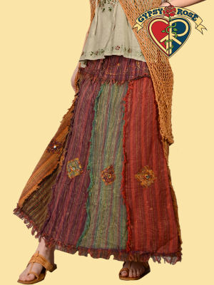 OVERDYE COTTON STRIPE FRINGE MIRROR WORK SKIRT