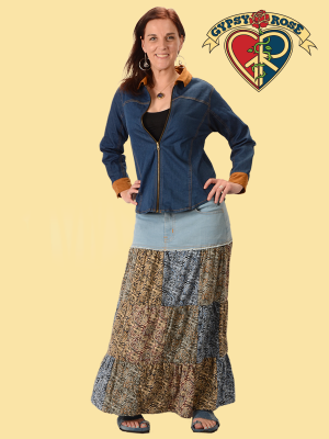 Denim Skirt With Printed Patchwork