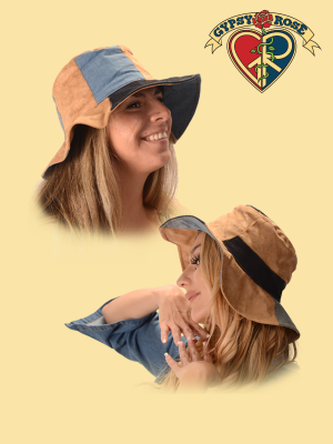 Denim And Faux Suede Floppy Hat