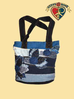 Flower Applique Denim Tote Bag