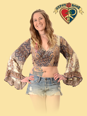 Rayon Print Long Sleeve Wrap Top
