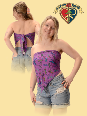 Dragonfly Rayon Print Handkerchief Tie Back Halter Top