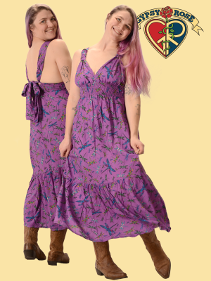 Dragonfly Rayon Print 4 Way Shirred Halter Maxi Dress